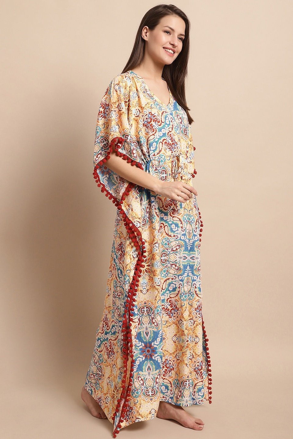 Multicolor Flared Printed Viscose Rayon Kaftan For Woman Claura Designs Pvt. Ltd. Kaftan kaftan, kaftan_freesize, multi color, Nightdress, Printed, Rayon, Sleepwear, V-Neck