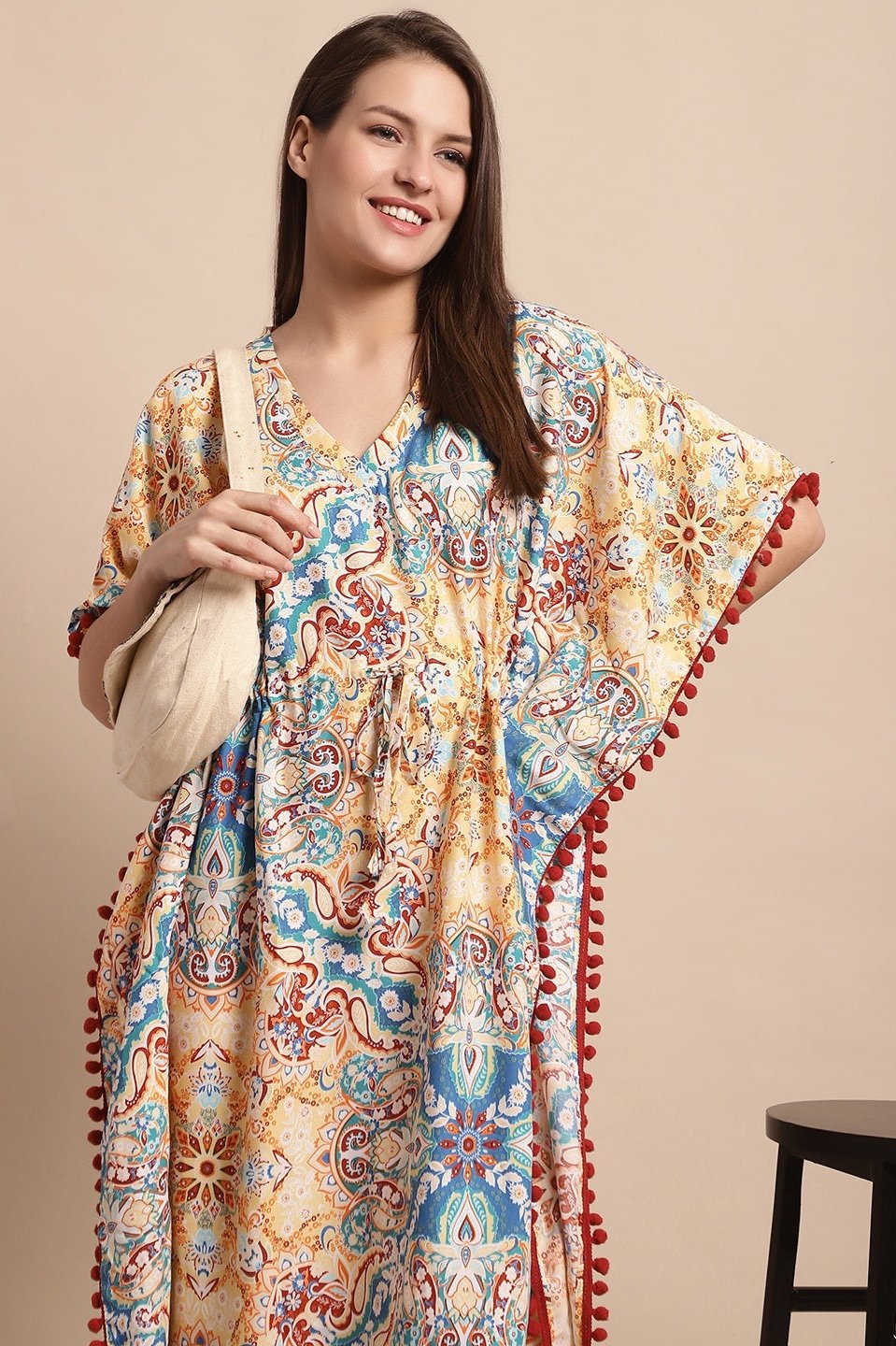 Multicolor Flared Printed Viscose Rayon Kaftan For Woman Claura Designs Pvt. Ltd. Kaftan kaftan, kaftan_freesize, multi color, Nightdress, Printed, Rayon, Sleepwear, V-Neck