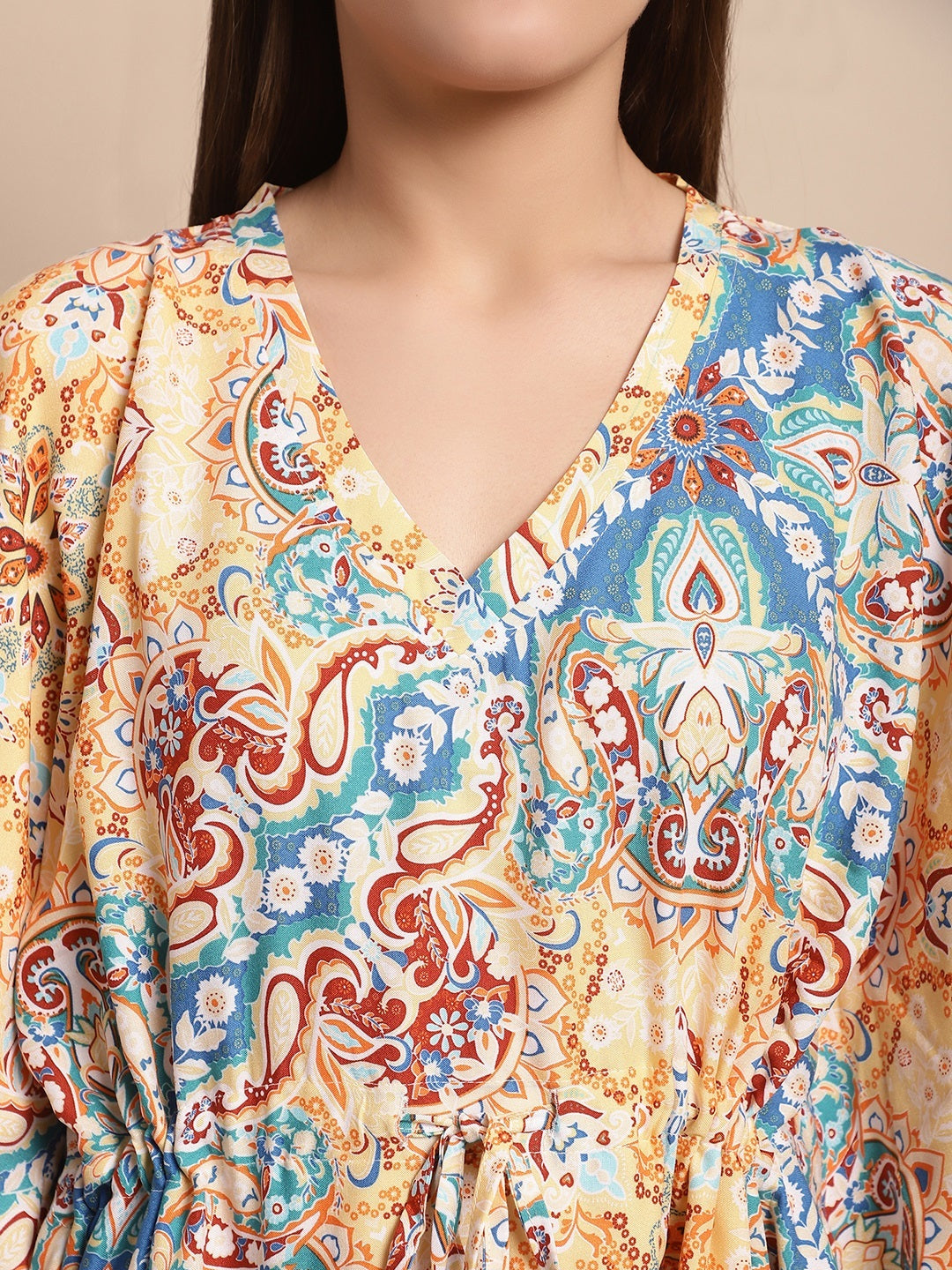 Multicolor Flared Printed Viscose Rayon Kaftan For Woman Claura Designs Pvt. Ltd. Kaftan kaftan, kaftan_freesize, multi color, Nightdress, Printed, Rayon, Sleepwear, V-Neck