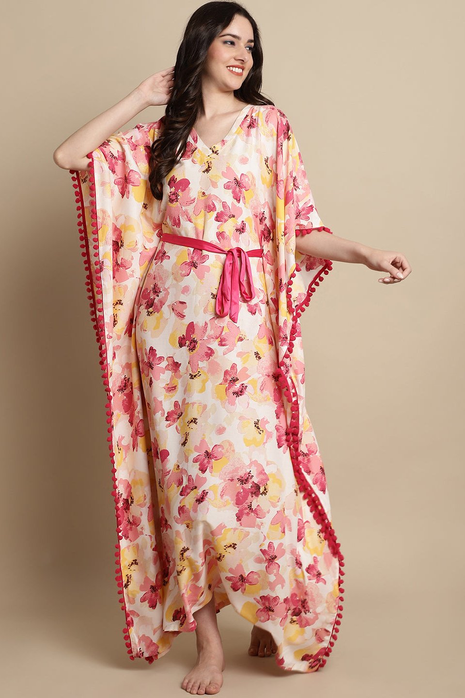 Pink Color Floral Printed Viscose Rayon Kaftan For Women Claura Designs Pvt. Ltd. Kaftan Floral, kaftan, kaftan_freesize, Nightdress, Pink, Printed, Sleepwear, V-Neck