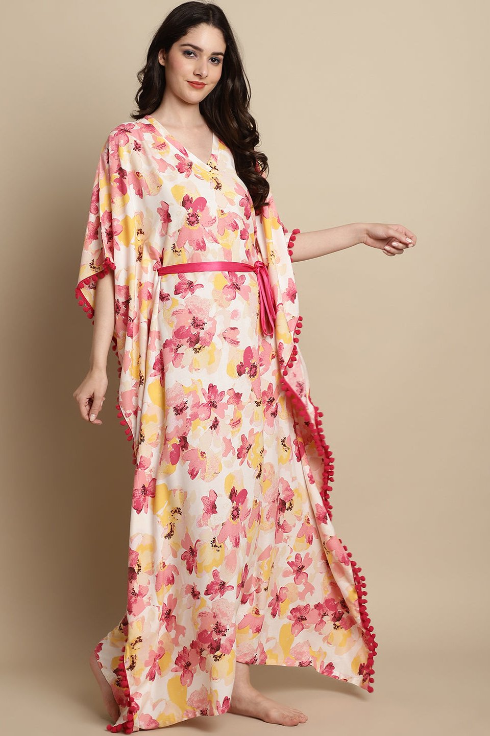 Pink Color Floral Printed Viscose Rayon Kaftan For Women Claura Designs Pvt. Ltd. Kaftan Floral, kaftan, kaftan_freesize, Nightdress, Pink, Printed, Sleepwear, V-Neck
