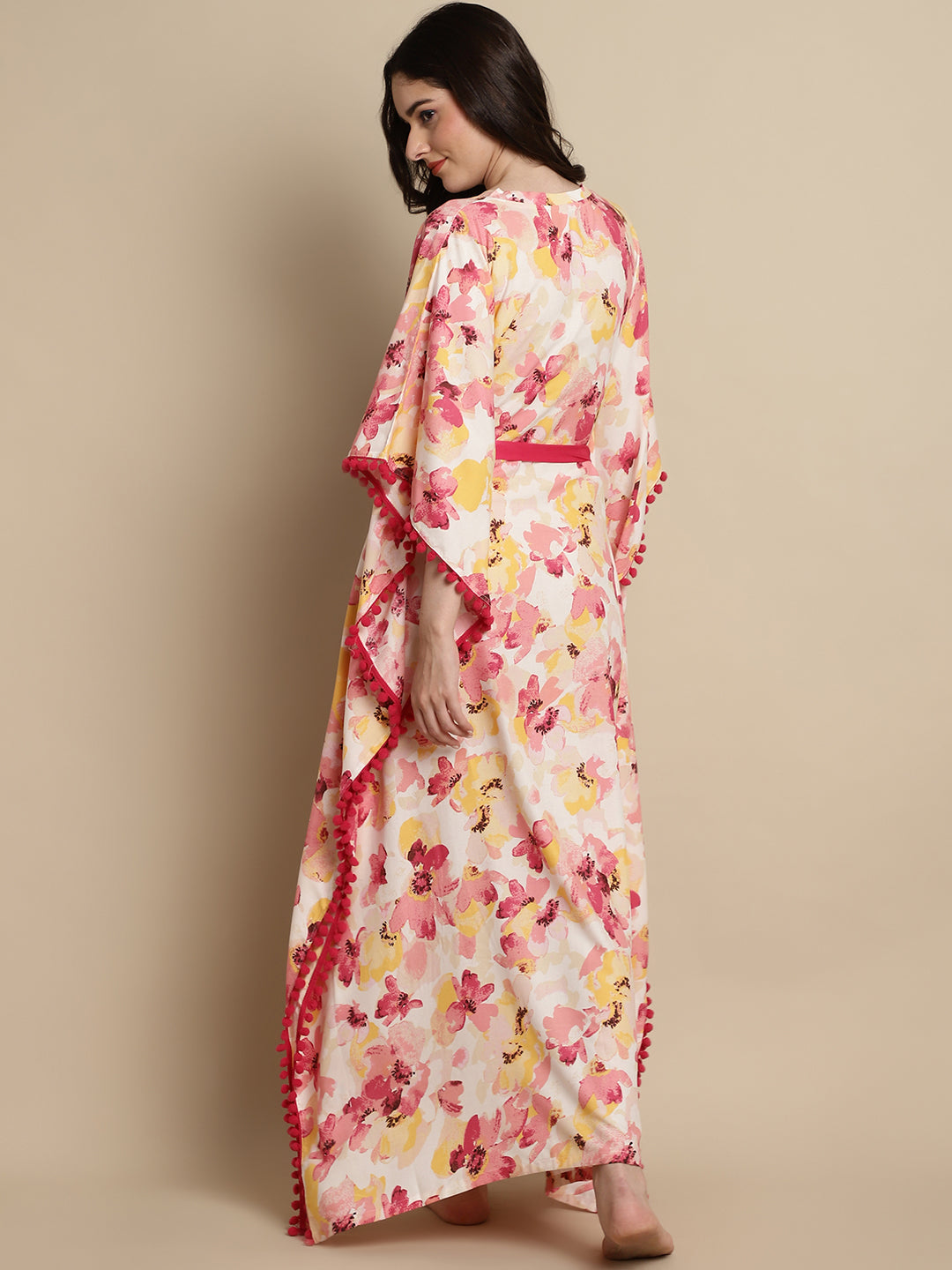 Pink Color Floral Printed Viscose Rayon Kaftan For Women Claura Designs Pvt. Ltd. Kaftan Floral, kaftan, kaftan_freesize, Nightdress, Pink, Printed, Sleepwear, V-Neck