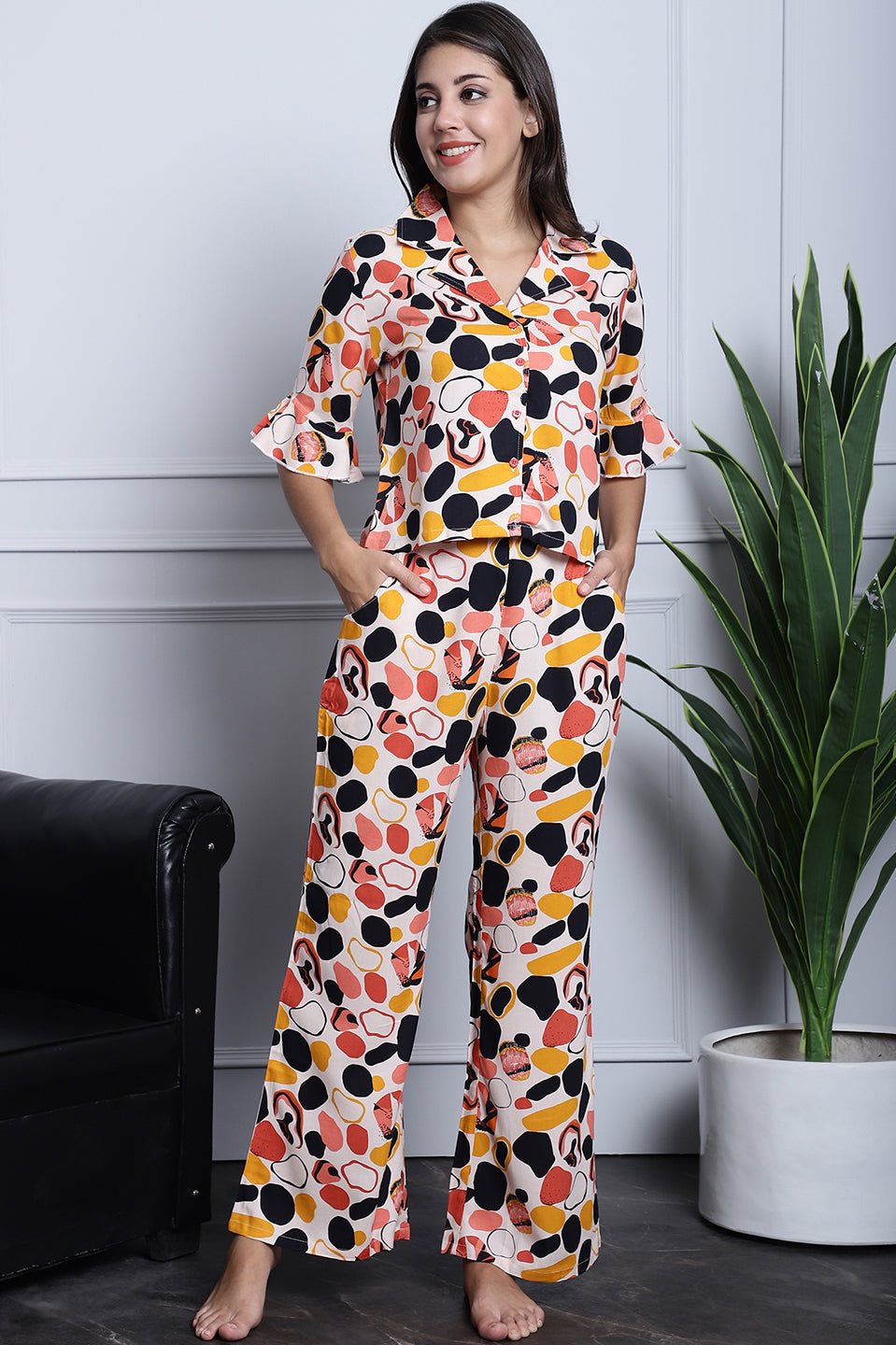 Peach Abstract Printed Viscose Rayon Night Suit for Women by Claura