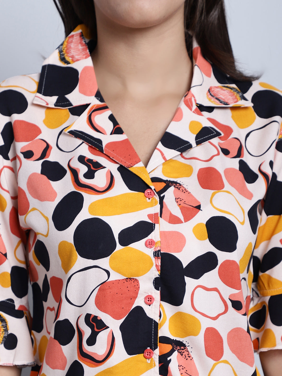 Peach Abstract Printed Viscose Rayon Night Suit for Women by Claura