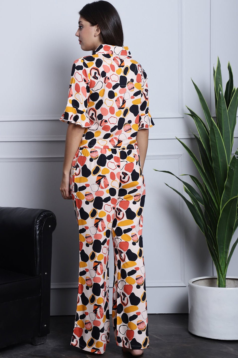 Peach Abstract Printed Viscose Rayon Night Suit for Women by Claura