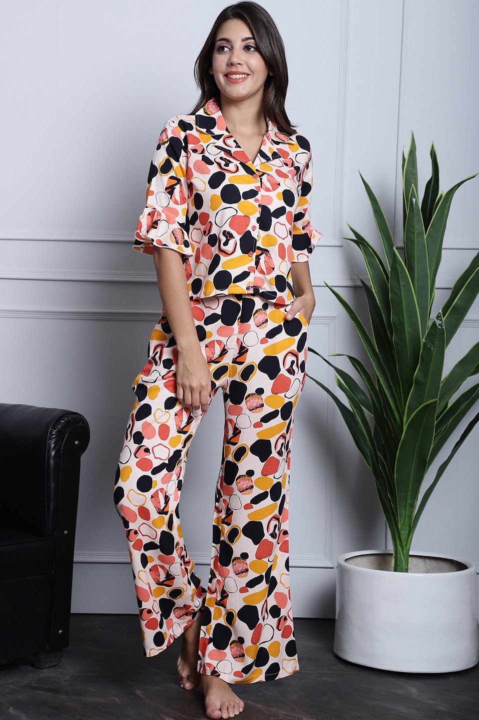 Peach Abstract Printed Viscose Rayon Night Suit for Women by Claura