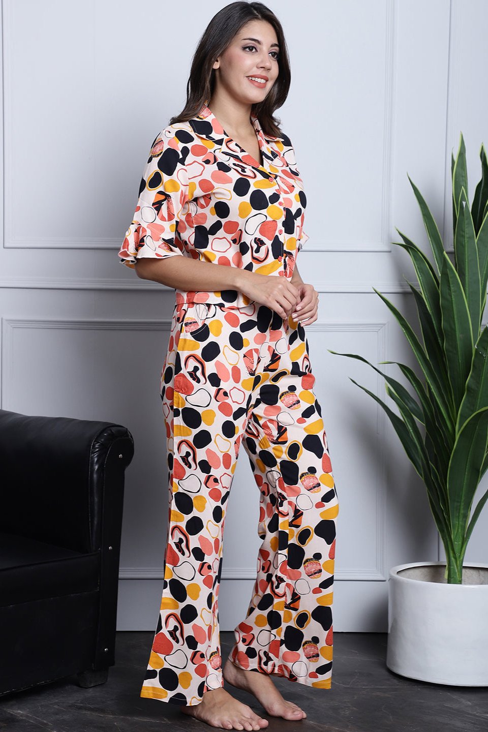 Peach Abstract Printed Viscose Rayon Night Suit for Women by Claura