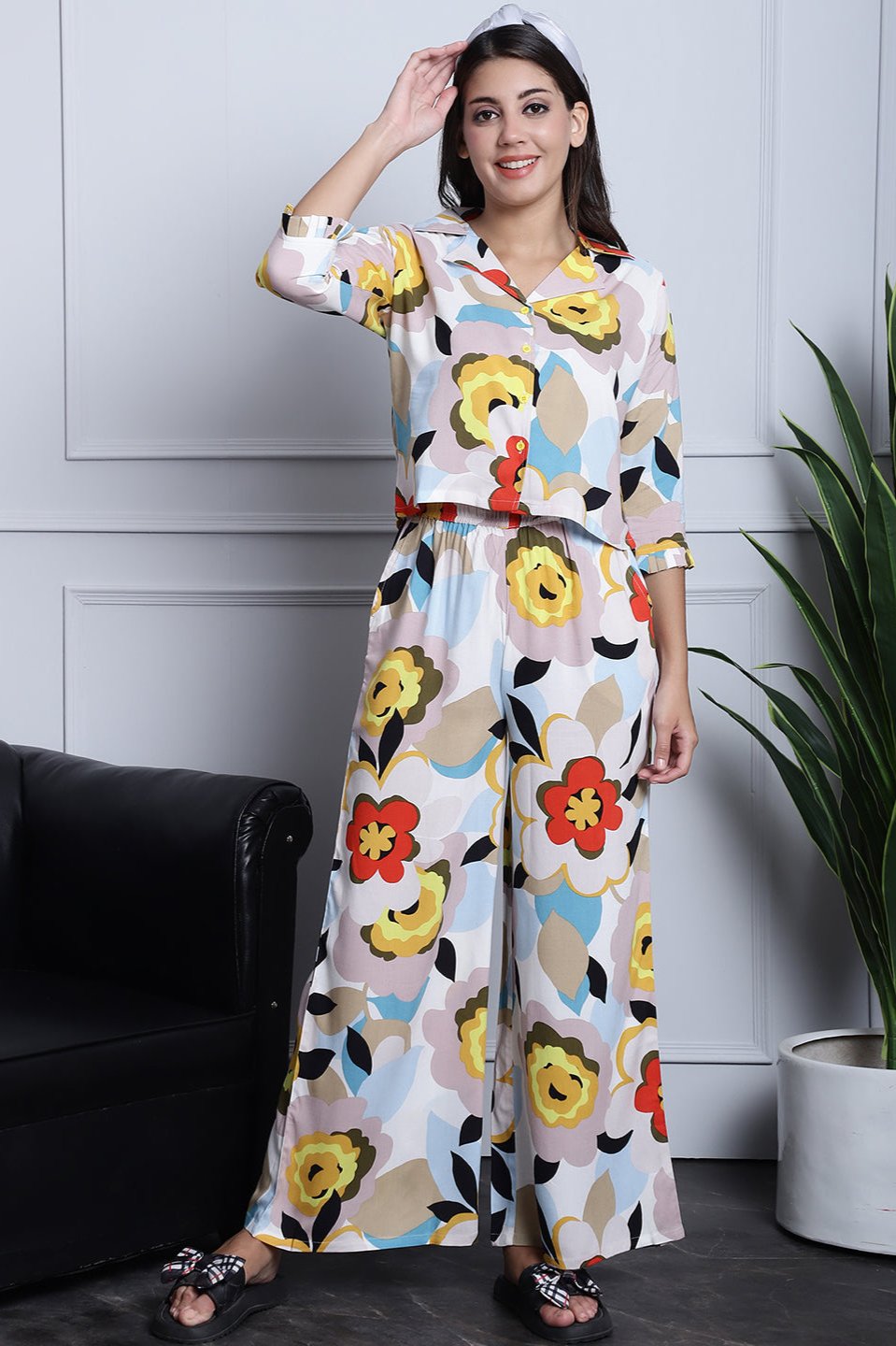 Woman wearing Multi-Color Abstract Printed Rayon Night Suit