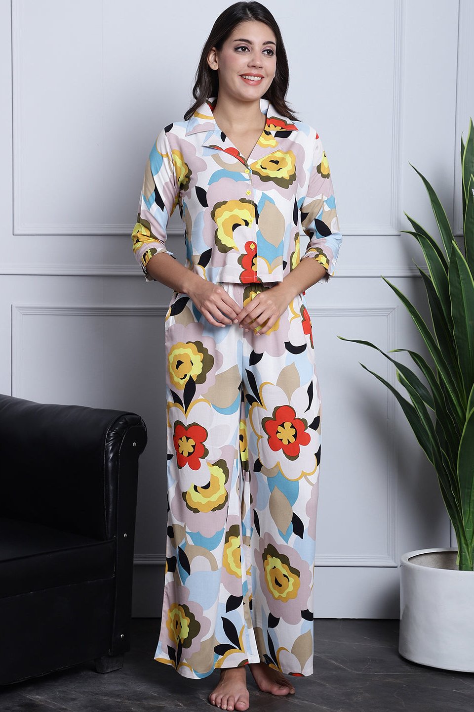 Multi-Color Abstract Printed Viscose Rayon Night Suit for Women by Claura