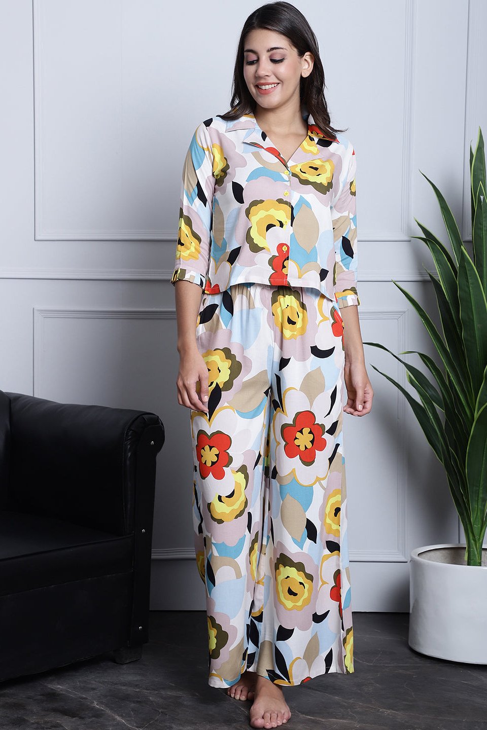 Multi-Color Abstract Printed Viscose Rayon Night Suit for Women by Claura