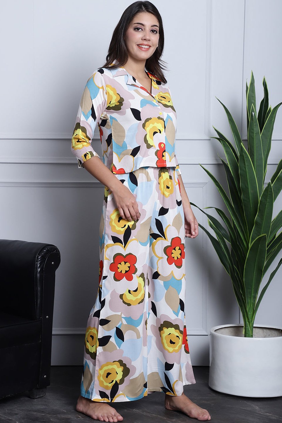 Multi-Color Abstract Printed Viscose Rayon Night Suit for Women by Claura