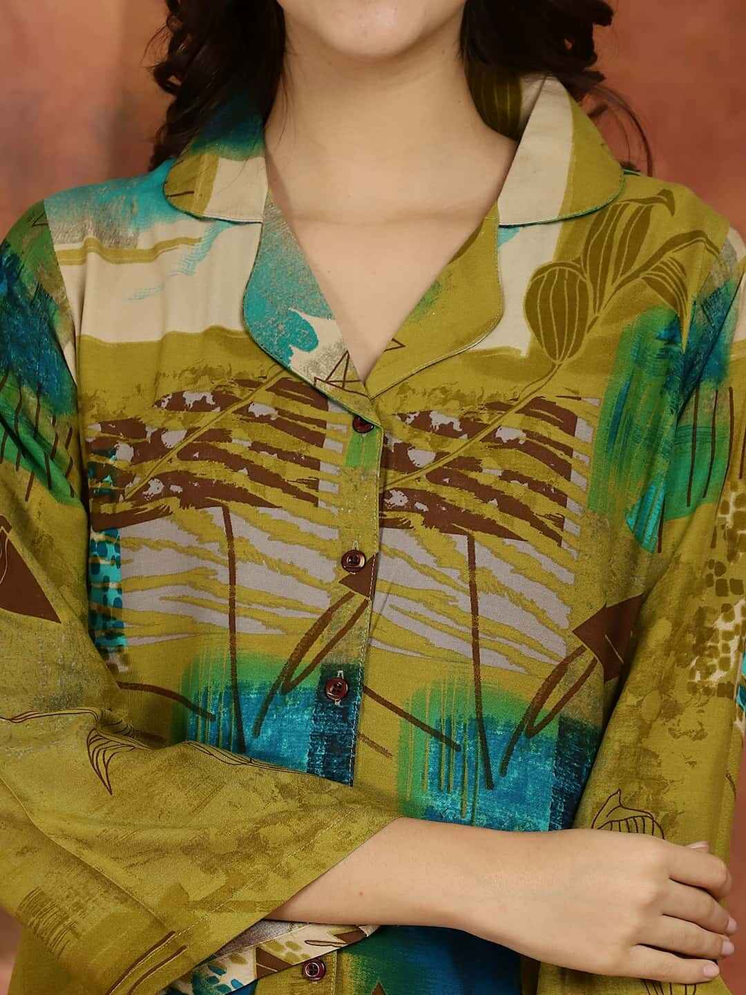 Green Abstract Printed Viscose Rayon Night Suit for Women by Claura