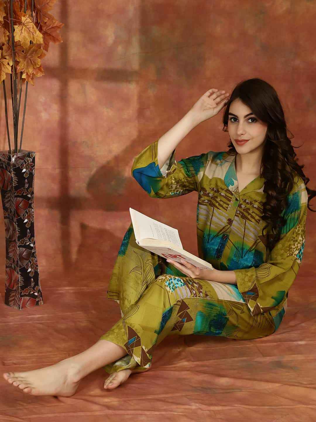 Green Abstract Printed Viscose Rayon Night Suit for Women by Claura