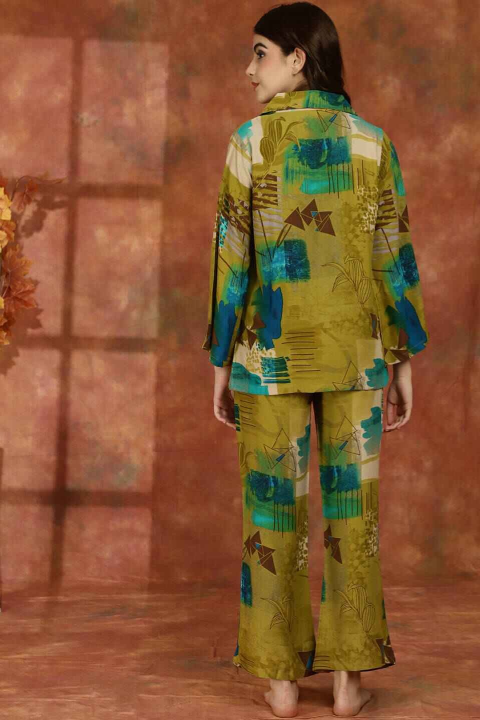Green Abstract Printed Viscose Rayon Night Suit for Women by Claura