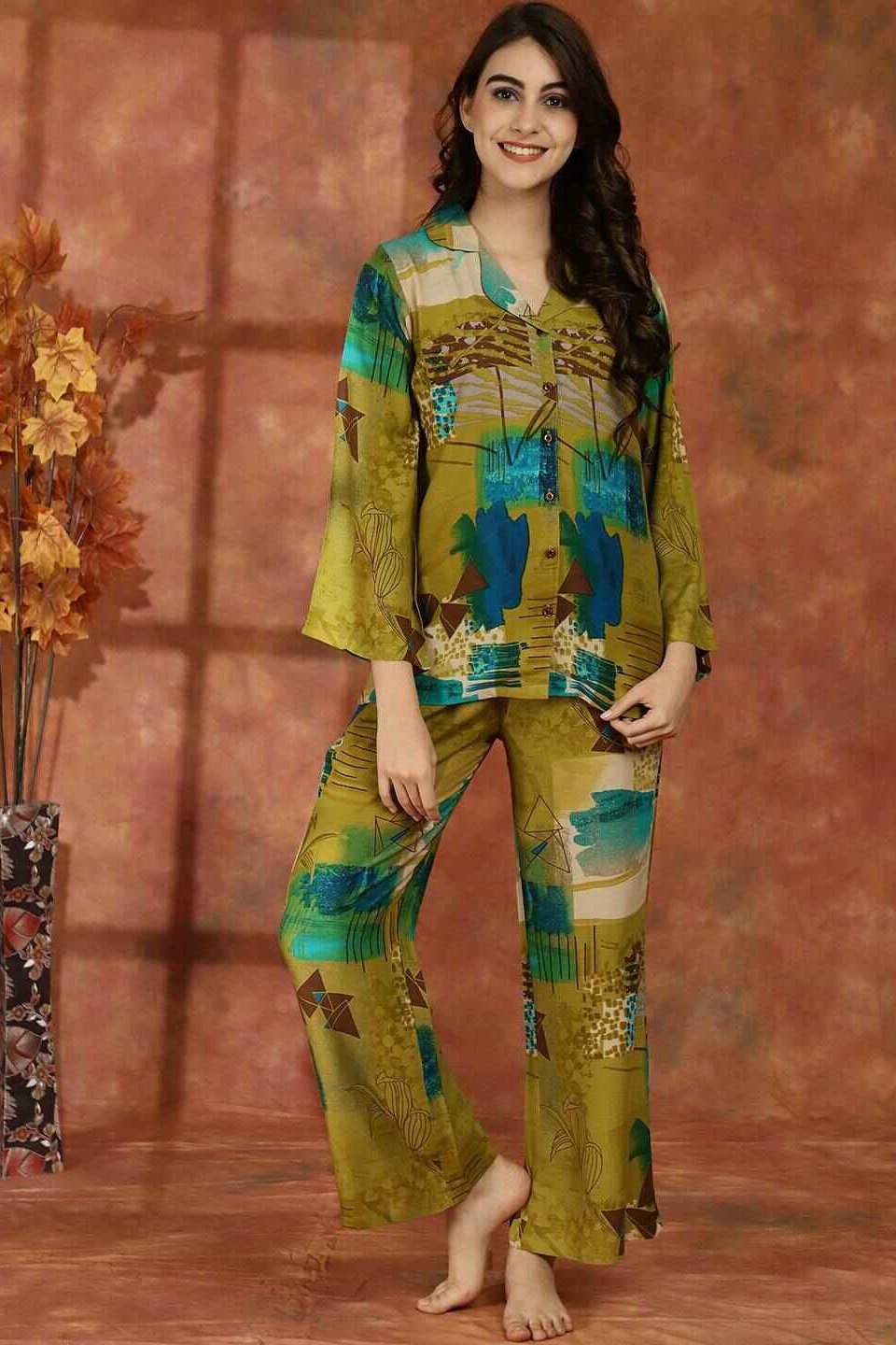 Green Abstract Printed Viscose Rayon Night Suit for Women by Claura