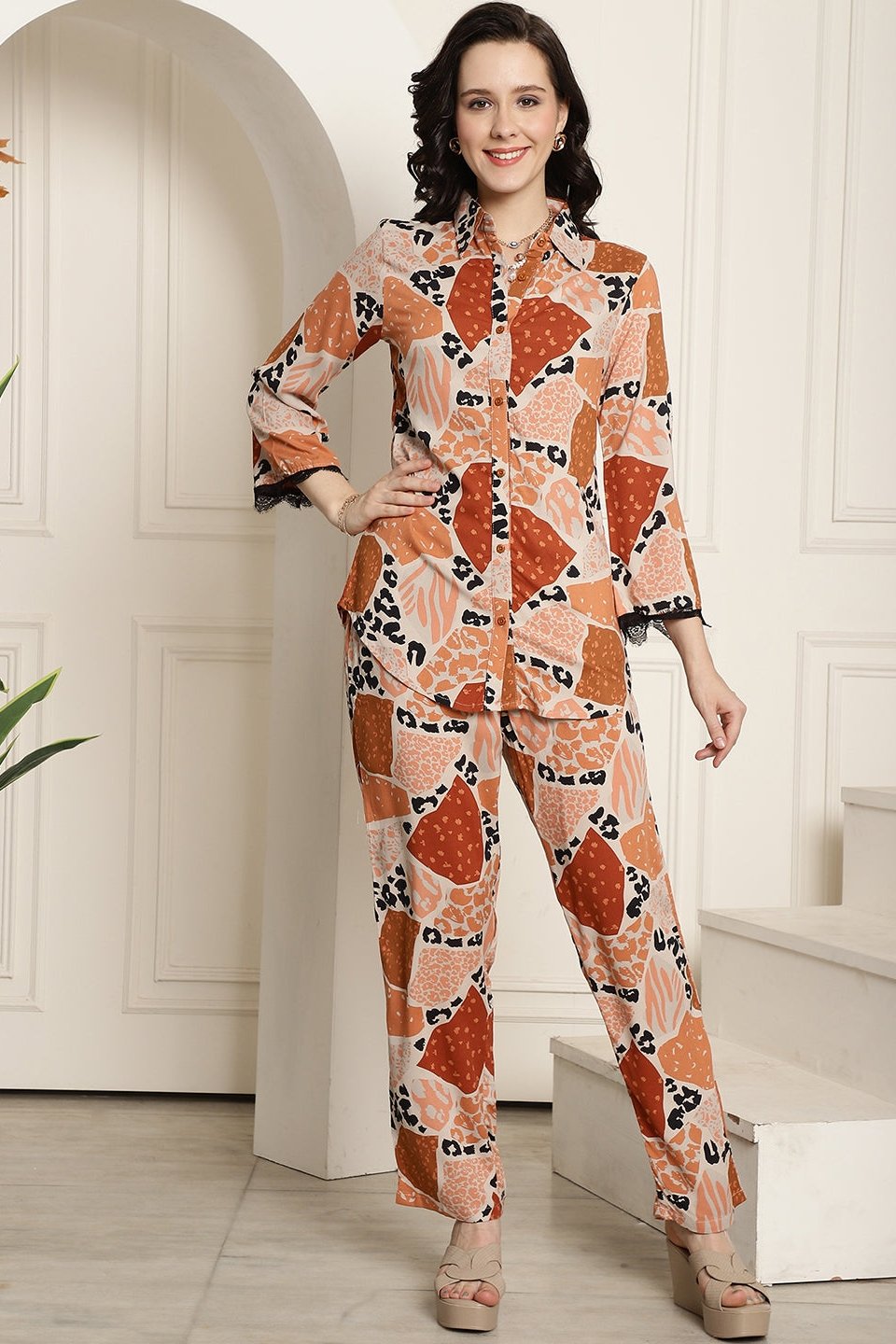 Brown Printed Co-Ord Set with Trousers & Shirt