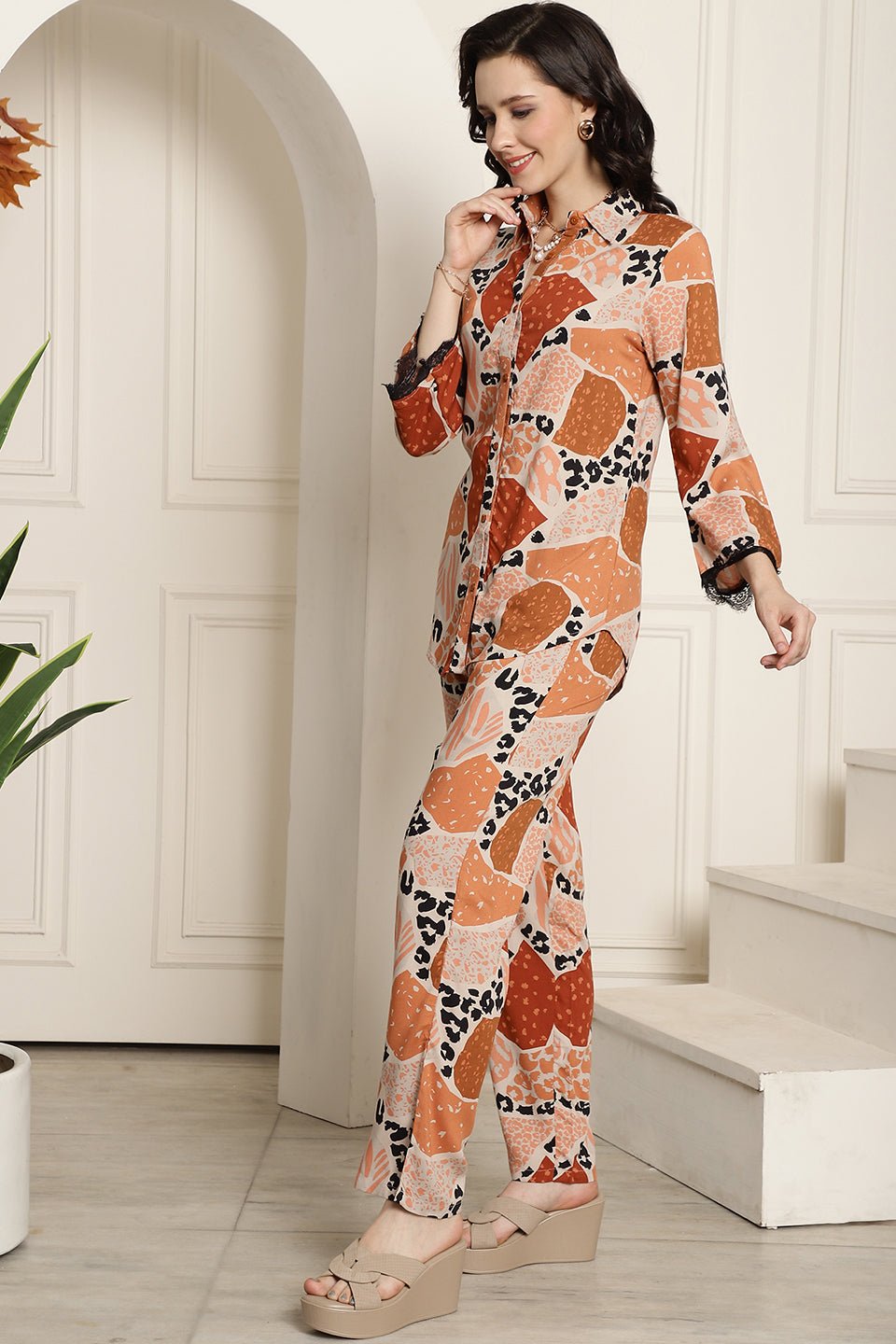 Brown Printed Co-Ord Set with Trousers & Shirt