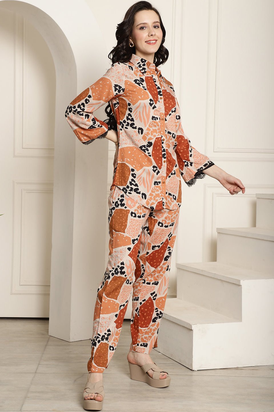Lifestyle shot of Abstract Print Shirt and Trouser Set