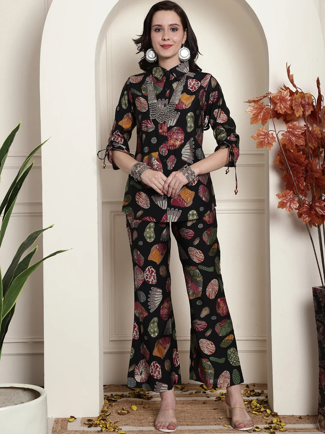 Grey Floral Printed Premium Chanderi Tunic & Palazzo Ethnic Co-ord Set –  Claura Designs Pvt. Ltd.
