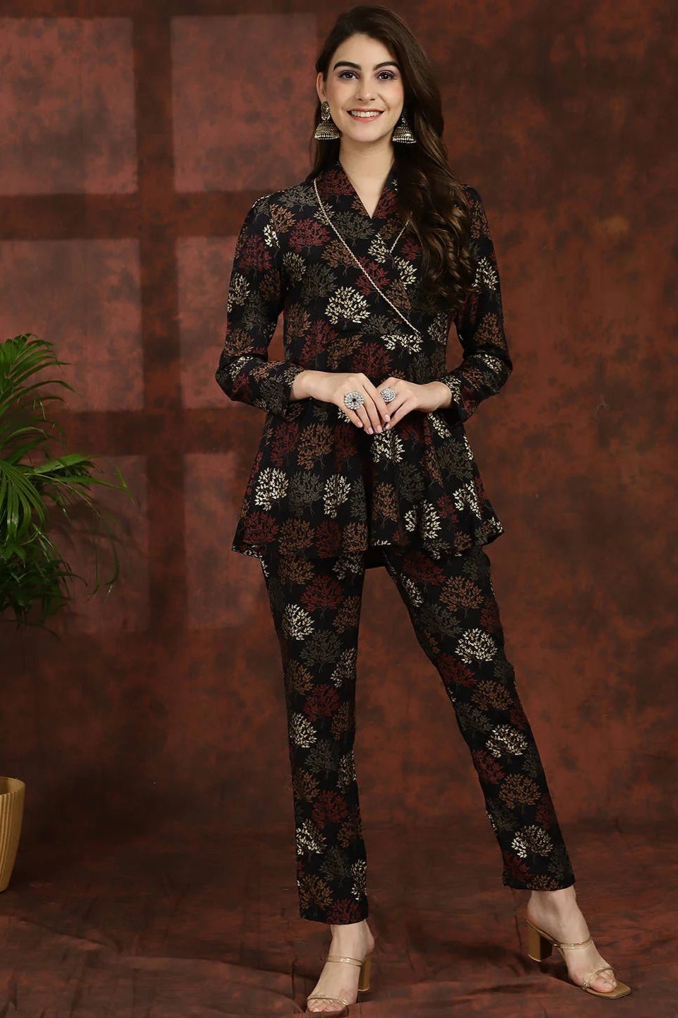 Black Ethnic Motifs Printed V-Neck Tunic with Flared Trouser Co-Ord Set for Women | Claura