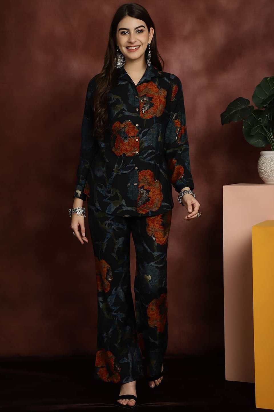 Navy Blue Printed Shirt with Trousers Co-Ord Set for Women | Claura
