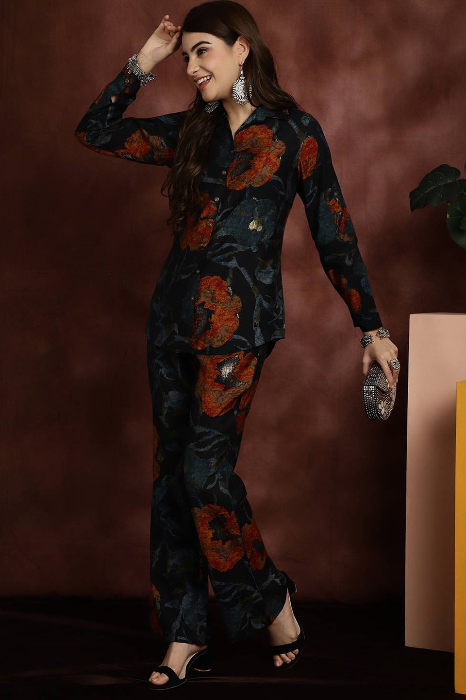 Navy Blue Printed Shirt with Trousers Co-Ord Set for Women | Claura