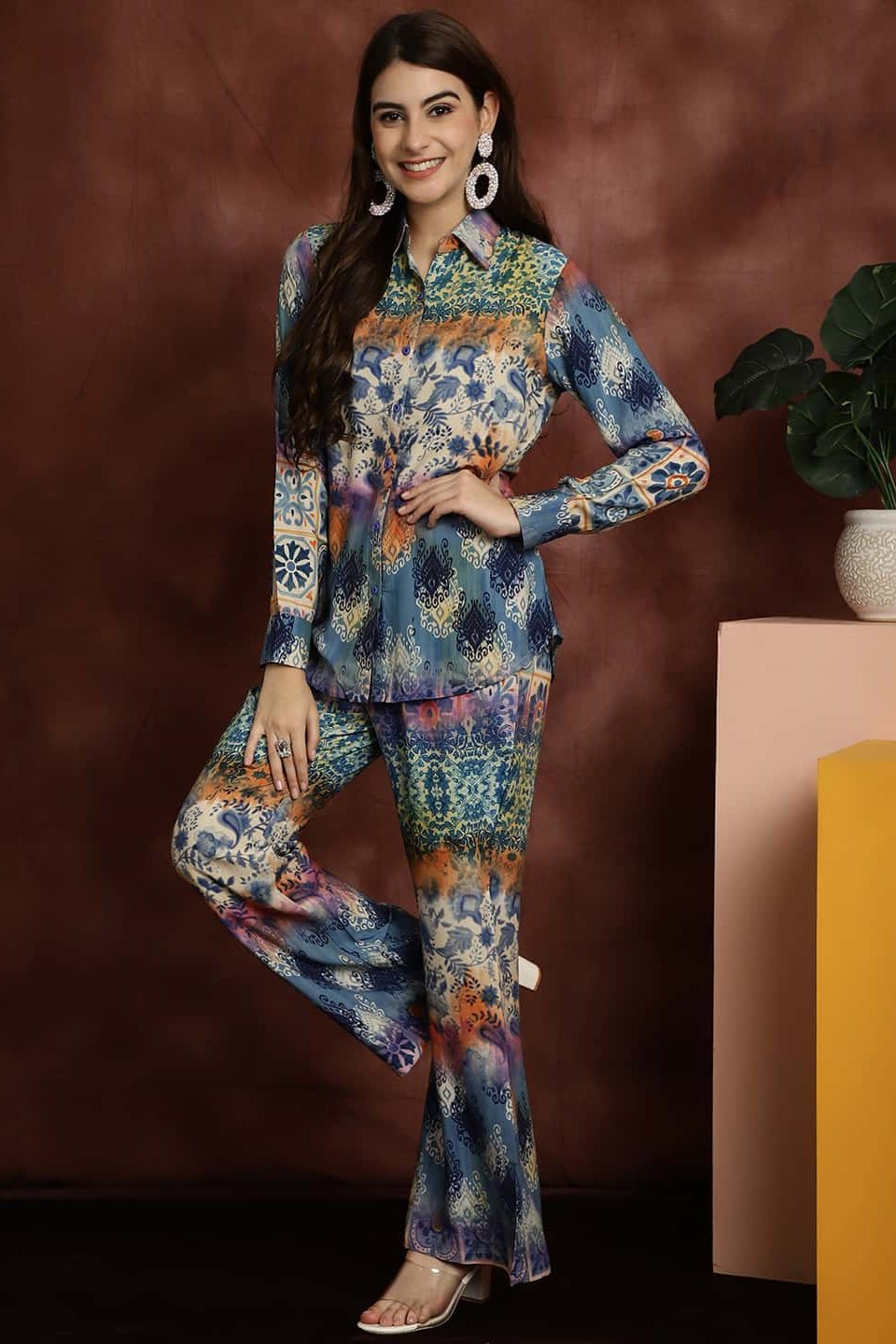 Lifestyle shot of Abstract Print Shirt and Trouser Set