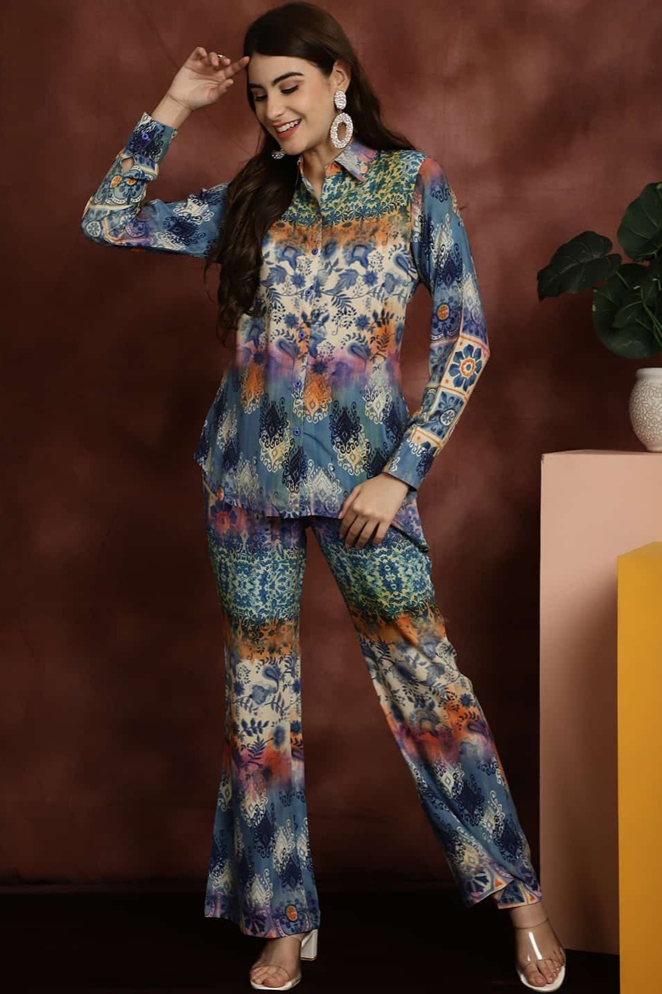 Blue Abstract Print Co-Ord Set with Flared Trousers & Shirt
