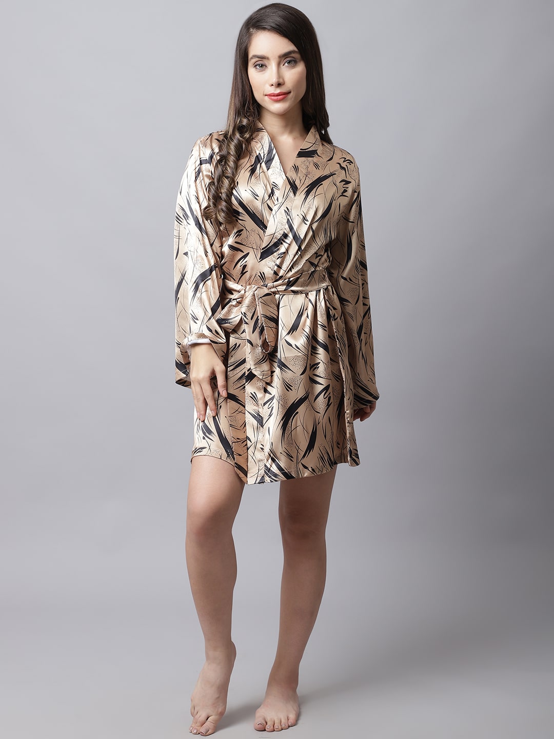 Gold-Toned Abstract Black Printed Satin Robe Claura Designs Pvt. Ltd. Robe Black, Gold, Kaftan_allsizes, Nightdress, Robe, Satin, Silk, Sleepwear, Women