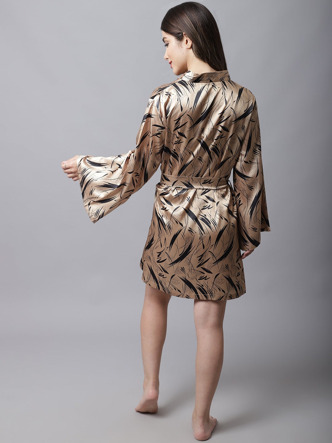 Gold-Toned Abstract Black Printed Satin Robe Claura Designs Pvt. Ltd. Robe Black, Gold, Kaftan_allsizes, Nightdress, Robe, Satin, Silk, Sleepwear, Women