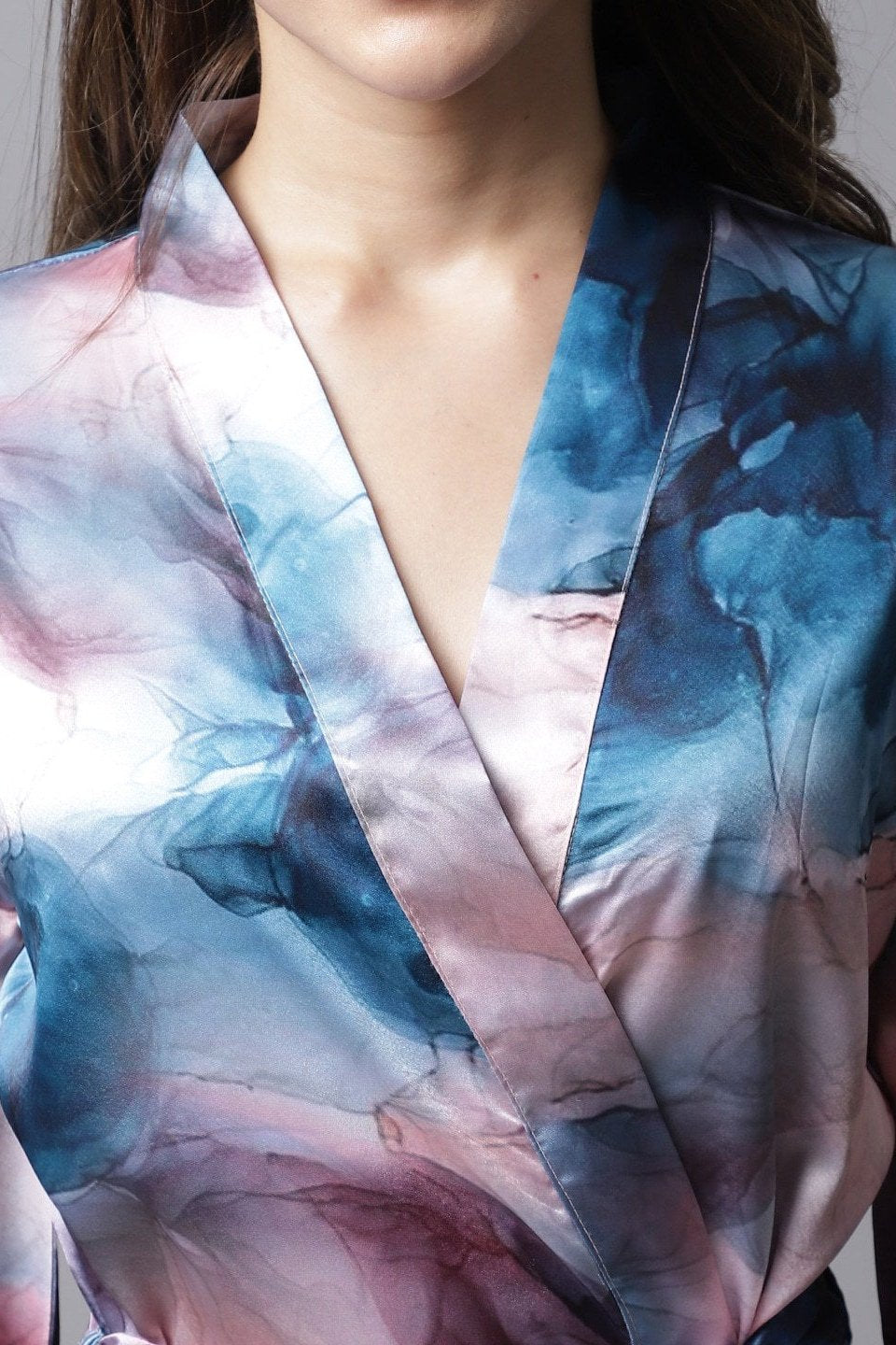 Multi color Abstract Printed Satin Robe Claura Designs Pvt. Ltd. Robe Abstract Printed, Kaftan_allsizes, Long Sleeves, multi color, Nightwear, Robe, Satin, Sleepwear