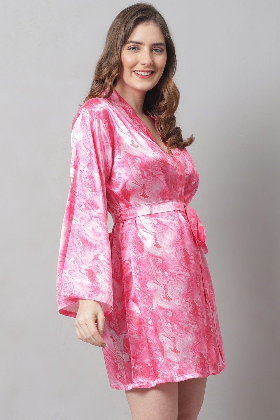 Pink Color Abstract Printed Silk satin Nighty Robe Claura Designs Pvt. Ltd. Nighty Kaftan_allsizes, Nightdress, Pink, Robe, Satin, Silk, Sleepwear, Women