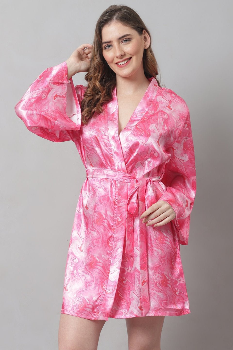 Pink Color Abstract Printed Silk satin Nighty Robe Claura Designs Pvt. Ltd. Nighty Kaftan_allsizes, Nightdress, Pink, Robe, Satin, Silk, Sleepwear, Women