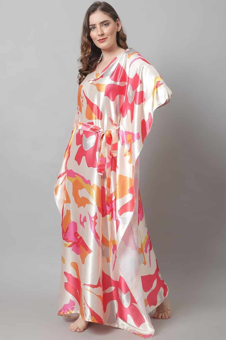 Cream Color Abstract Printed Satin Nighty Kaftan For Women Claura Designs Pvt. Ltd. Kaftan Abstract, cream color, Kaftan, Kaftan_allsizes, Nightdress, Printed, Satin, Short Sleeves, Sleepwea