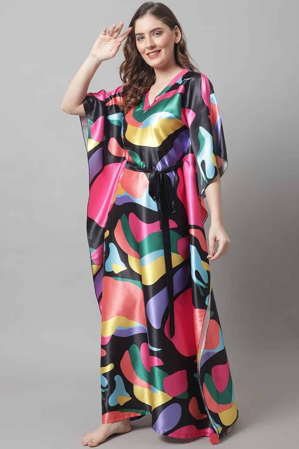 Pink Abstract Printed Satin Kaftan Maxi Nightdress For Women Claura Designs Pvt. Ltd. Kaftan Abstract, Black, Kaftan, Kaftan_allsizes, Nightdress, Pink, Printed, Satin, Short Sleeves, Sleepwea
