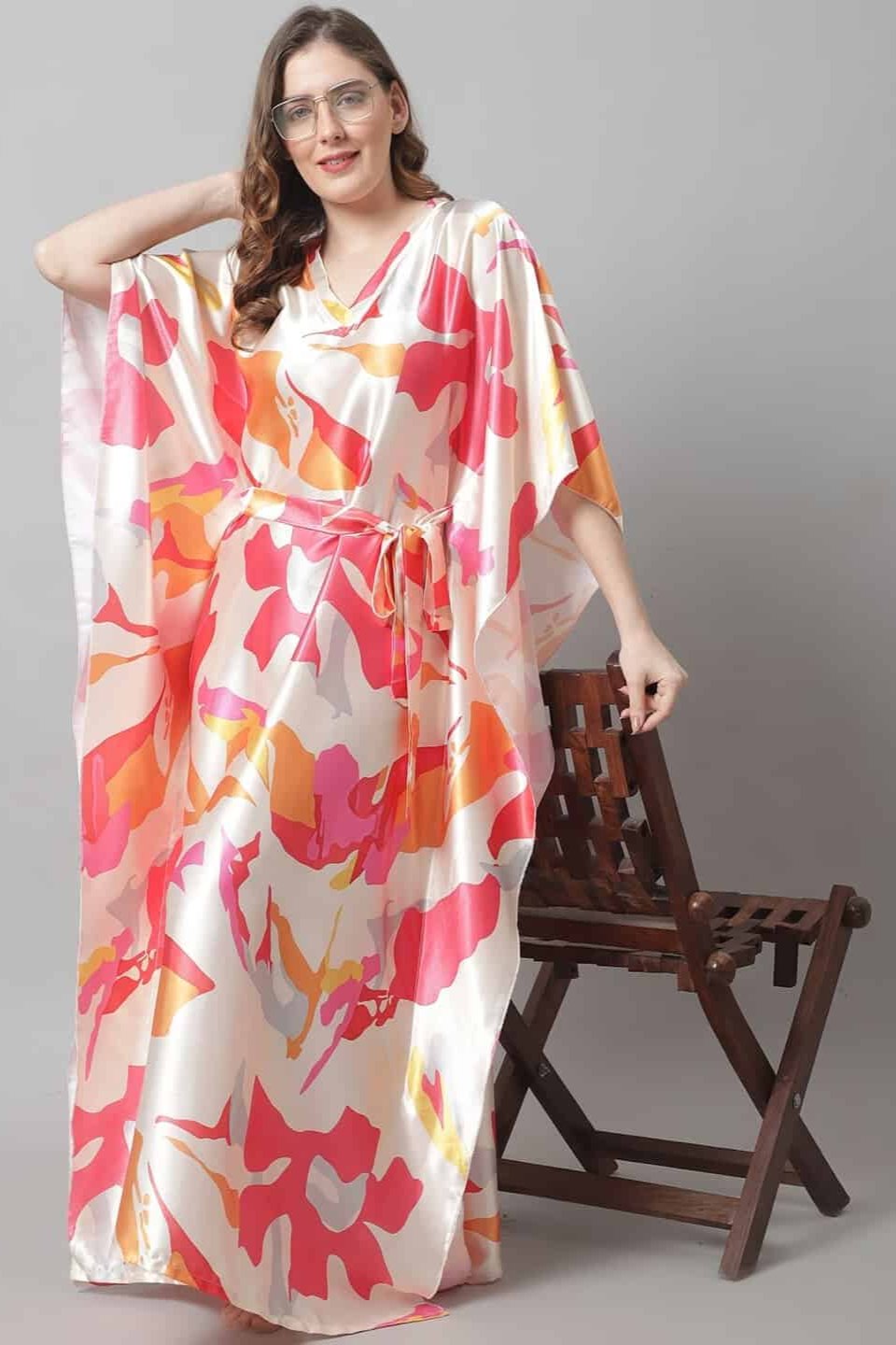 Cream Color Abstract Printed Satin Nighty Kaftan For Women Claura Designs Pvt. Ltd. Kaftan Abstract, cream color, Kaftan, Kaftan_allsizes, Nightdress, Printed, Satin, Short Sleeves, Sleepwea