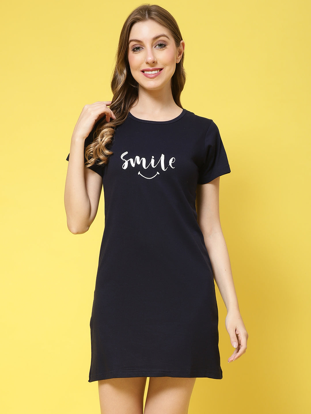 Navy Color Solid Printed Cotton Blend Shortnighty For Women Claura Designs Pvt. Ltd. Lounge Wear Cotton, Navy Blue, Shortnighty, Solid Printed