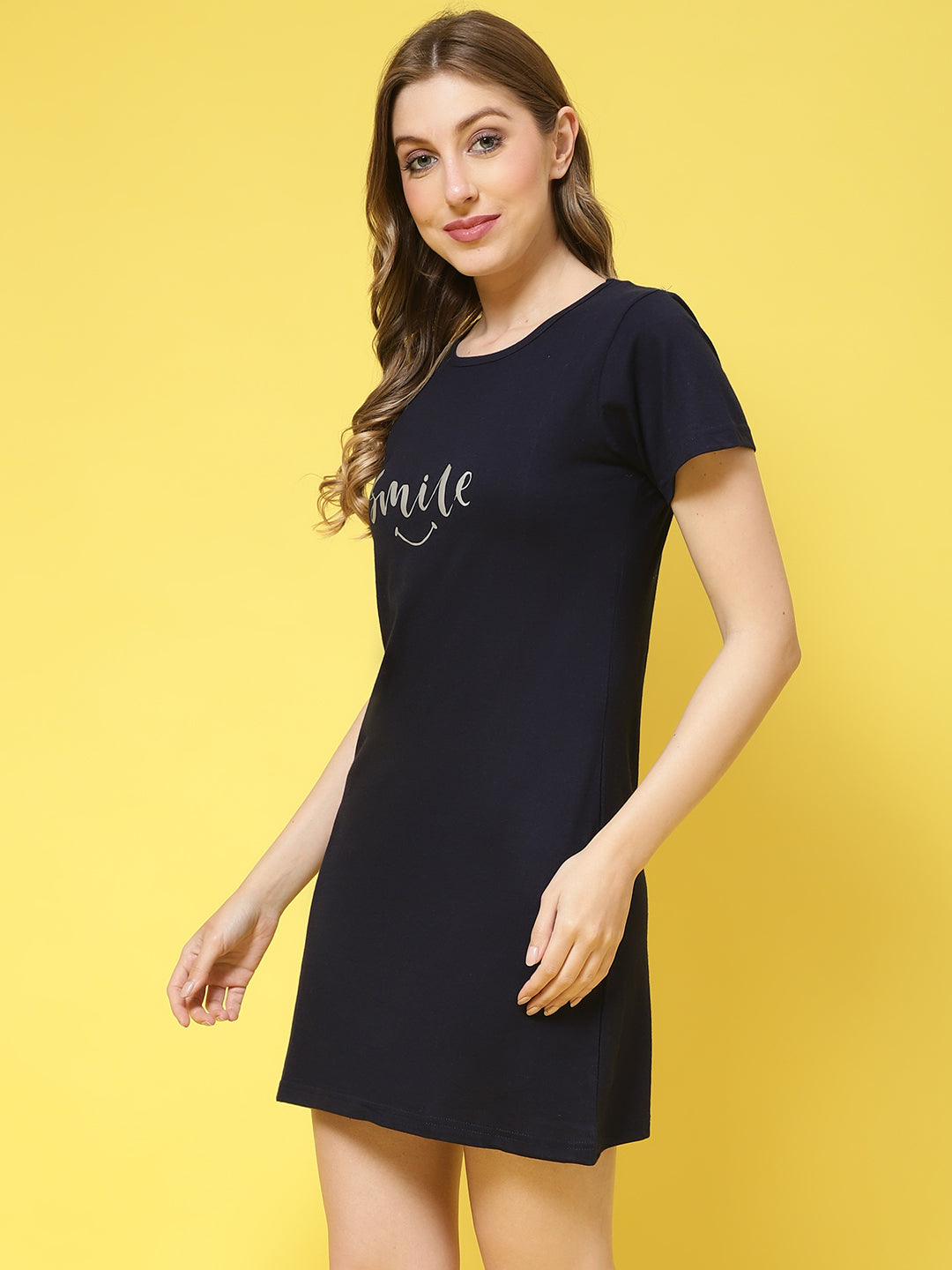 Navy Color Solid Printed Cotton Blend Shortnighty For Women Claura Designs Pvt. Ltd. Lounge Wear Cotton, Navy Blue, Shortnighty, Solid Printed