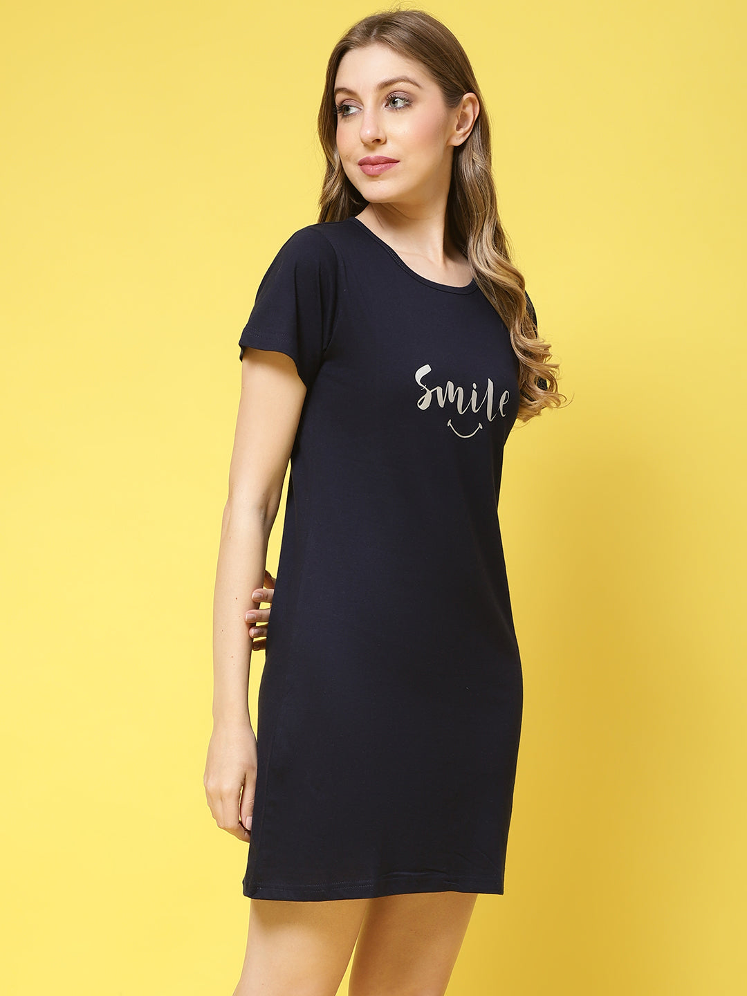 Navy Color Solid Printed Cotton Blend Shortnighty For Women Claura Designs Pvt. Ltd. Lounge Wear Cotton, Navy Blue, Shortnighty, Solid Printed