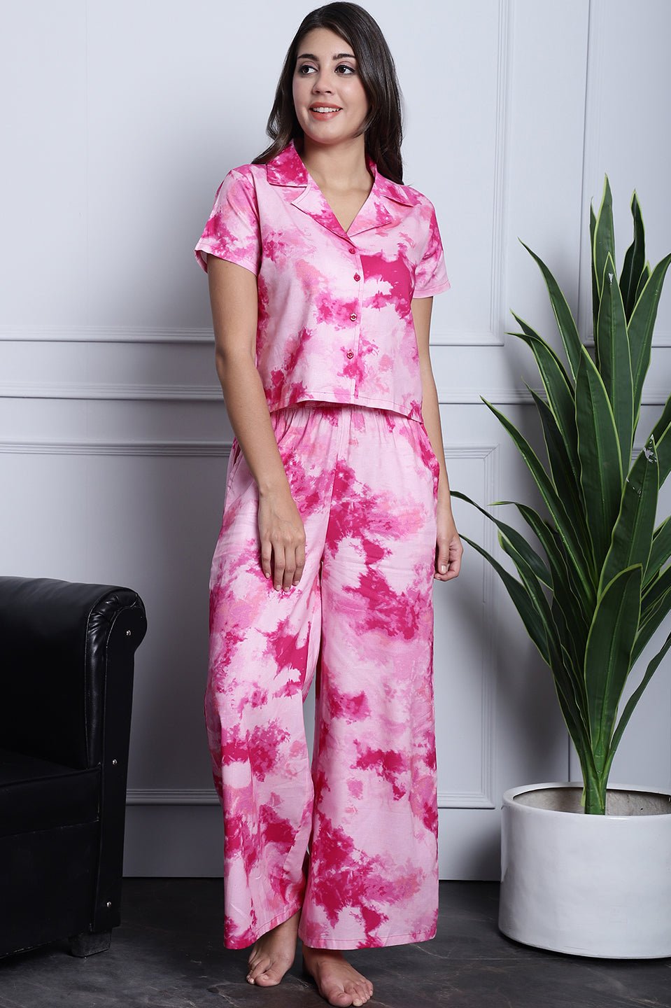 Pink Tie-Dye Printed Rayon Night Suit for Women by Claura