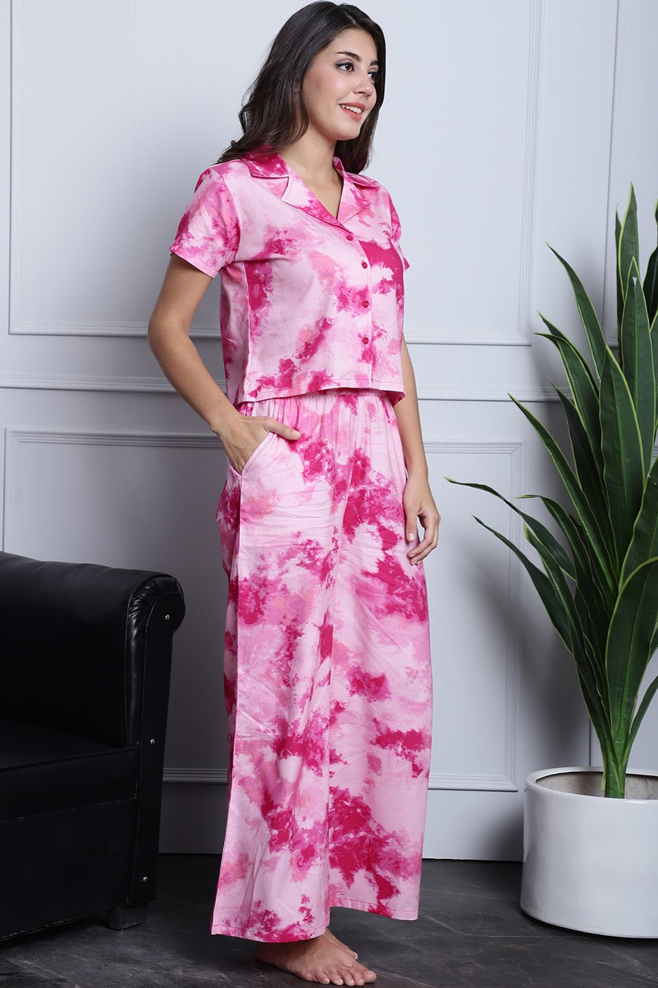 Pink Tie-Dye Printed Rayon Night Suit for Women by Claura