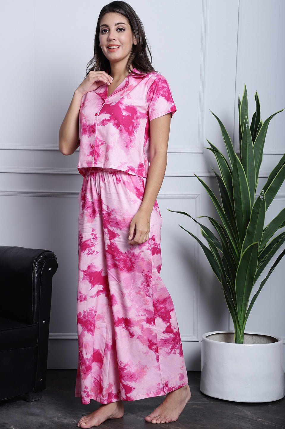 Pink Tie-Dye Printed Rayon Night Suit for Women by Claura