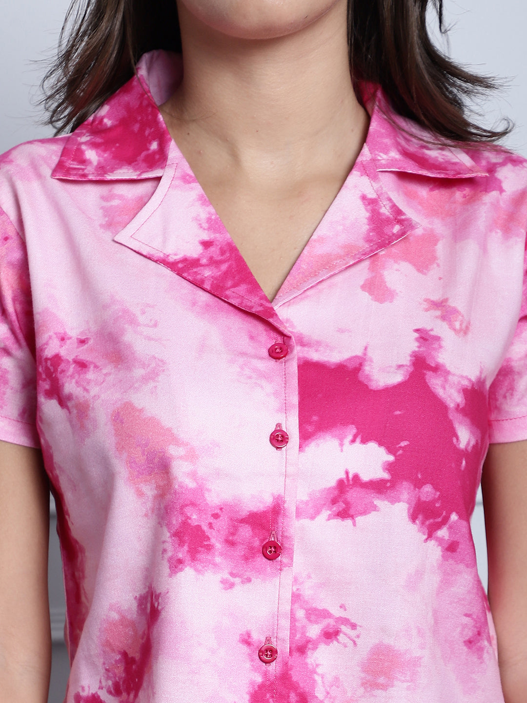 Pink Tie-Dye Printed Rayon Night Suit for Women by Claura