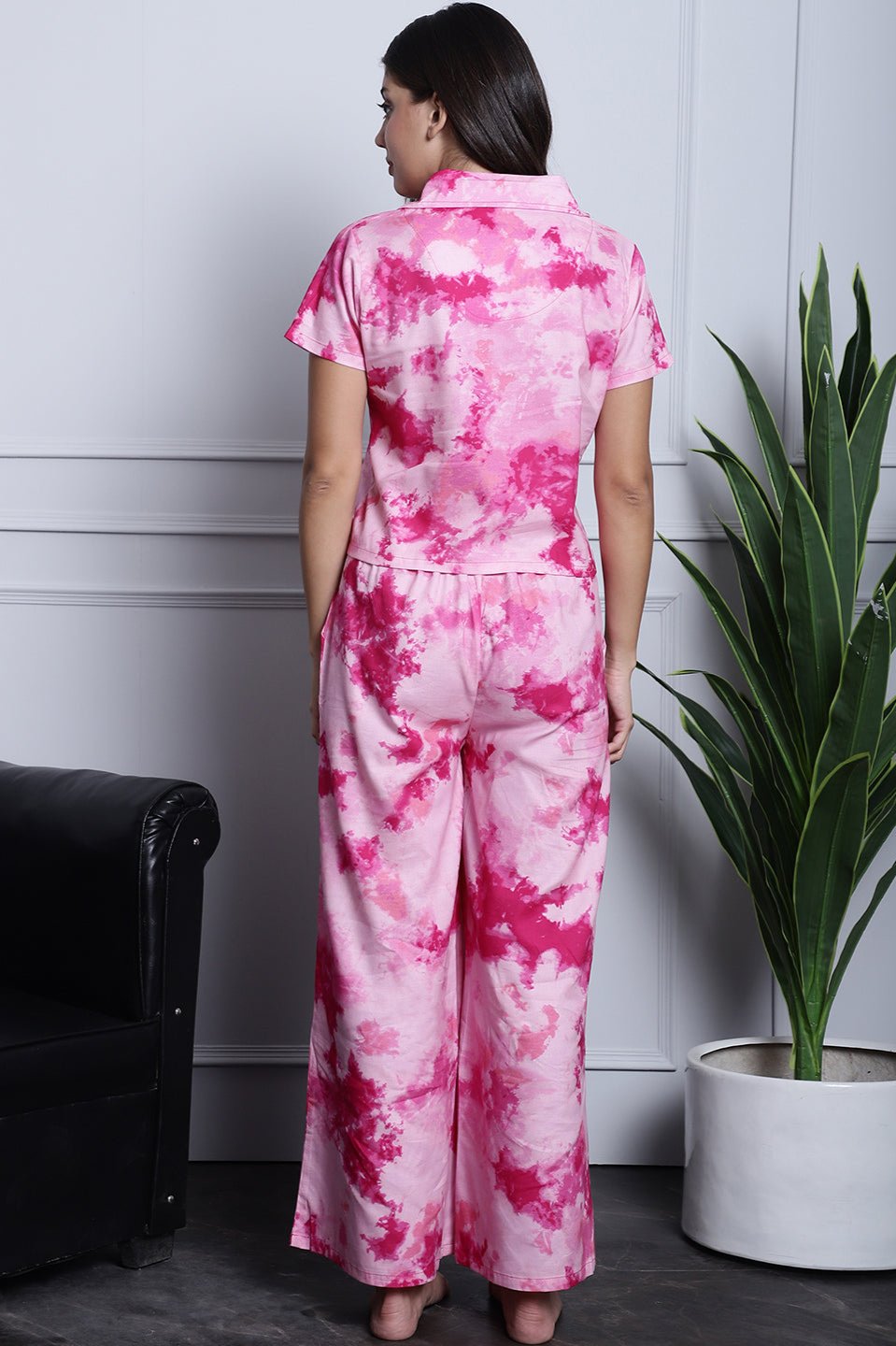 Pink Tie-Dye Printed Rayon Night Suit for Women by Claura