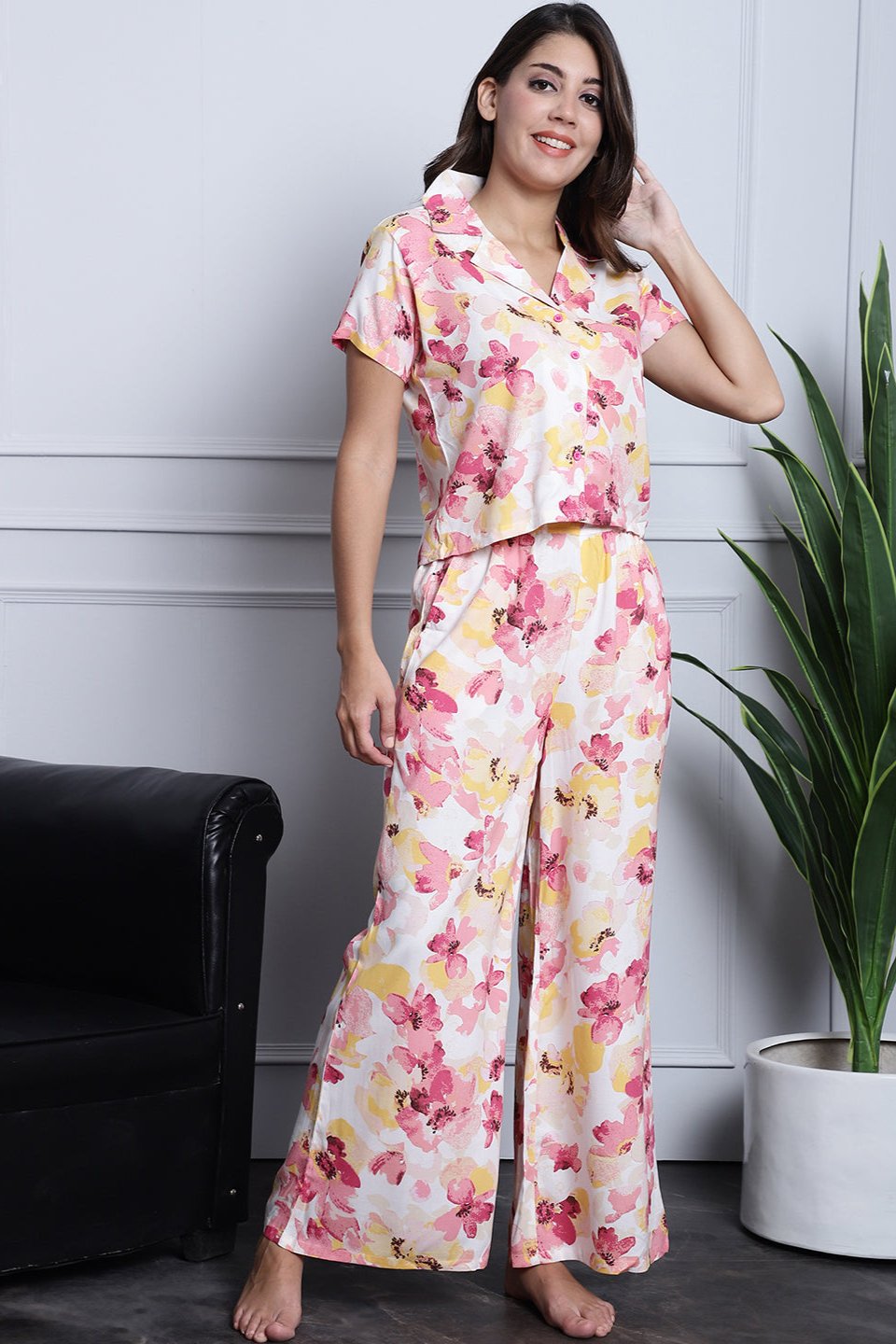 Pink Floral Printed Viscose Rayon Night Suit for Women by Claura