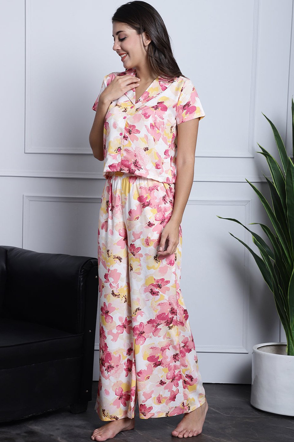Pink Floral Printed Viscose Rayon Night Suit for Women by Claura