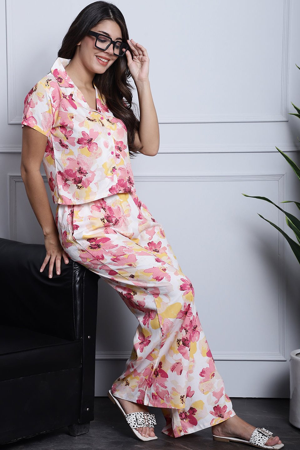 Pink Floral Printed Viscose Rayon Night Suit for Women by Claura