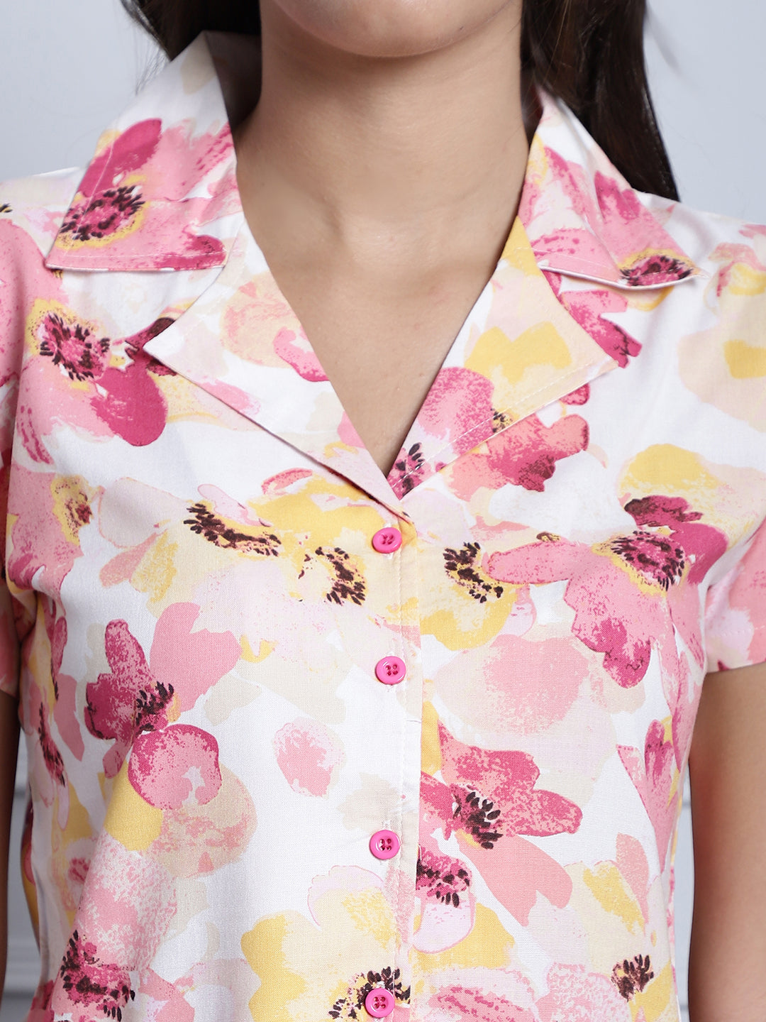 Pink Floral Printed Viscose Rayon Night Suit for Women by Claura