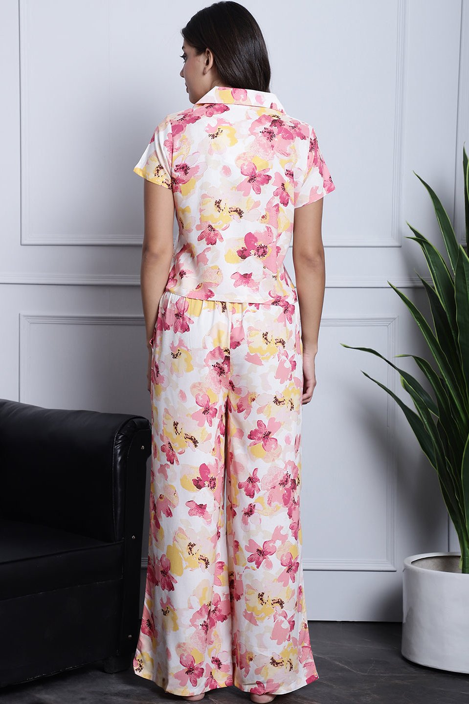 Pink Floral Printed Viscose Rayon Night Suit for Women by Claura