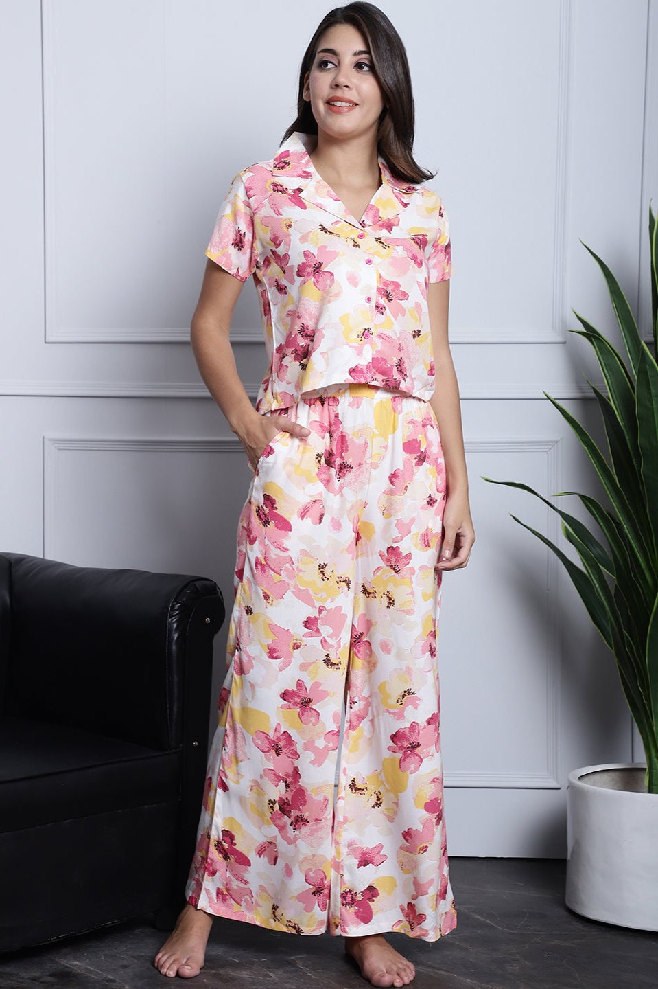 Pink Floral Printed Viscose Rayon Night Suit for Women by Claura